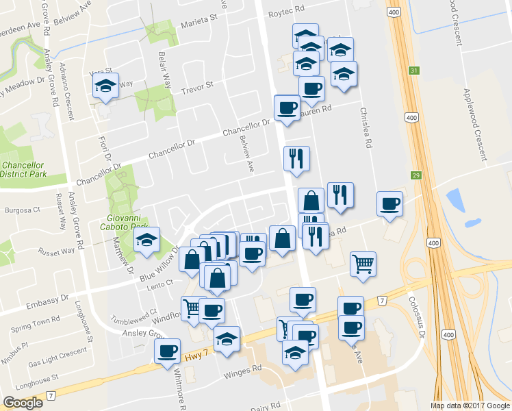 map of restaurants, bars, coffee shops, grocery stores, and more near 70 Foxchase Avenue in Vaughan