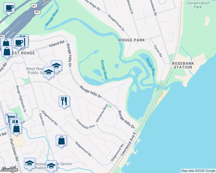 map of restaurants, bars, coffee shops, grocery stores, and more near 312 Taylor Road in Toronto