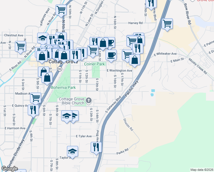 map of restaurants, bars, coffee shops, grocery stores, and more near 1480 Carobelle Court in Cottage Grove