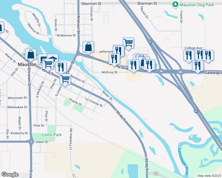 map of restaurants, bars, coffee shops, grocery stores, and more near 606 Roosevelt Street in Mauston