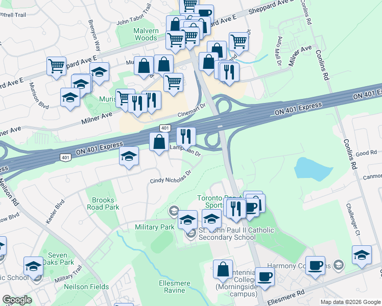 map of restaurants, bars, coffee shops, grocery stores, and more near 14 Lampman Drive in Toronto