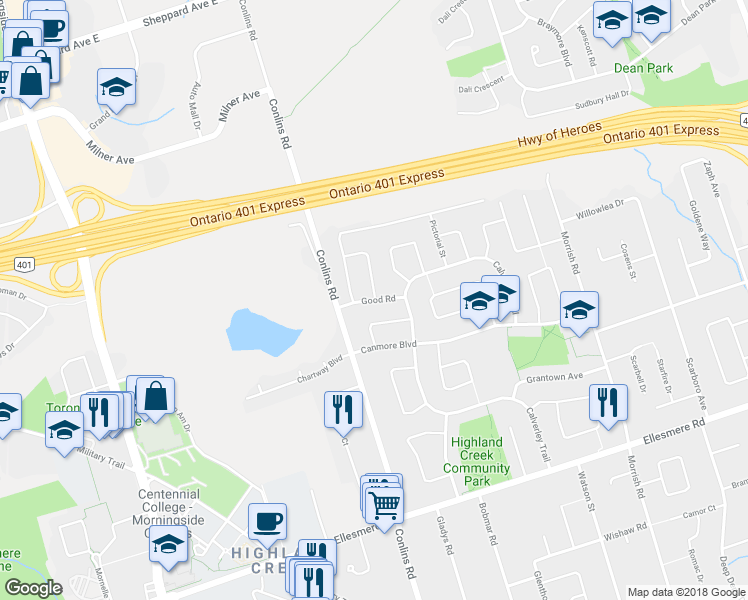 map of restaurants, bars, coffee shops, grocery stores, and more near 21 Good Road in Toronto
