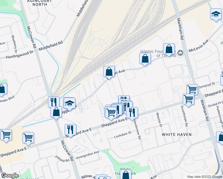 map of restaurants, bars, coffee shops, grocery stores, and more near in Toronto
