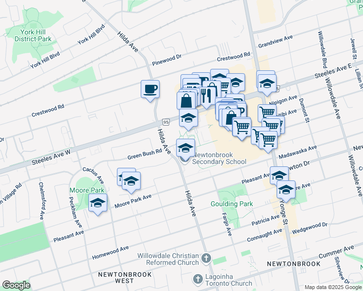 map of restaurants, bars, coffee shops, grocery stores, and more near 155 Hilda Avenue in Toronto