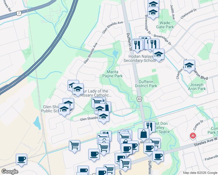 map of restaurants, bars, coffee shops, grocery stores, and more near 54 Cherry Hills Road in Vaughan