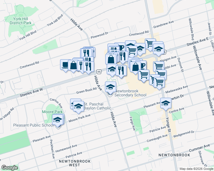 map of restaurants, bars, coffee shops, grocery stores, and more near 175 Hilda Avenue in Toronto