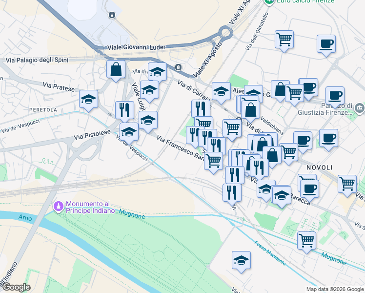 map of restaurants, bars, coffee shops, grocery stores, and more near 144 Via Francesco Baracca in Firenze