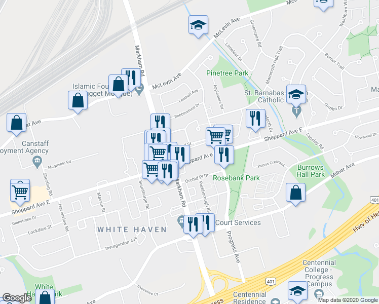 map of restaurants, bars, coffee shops, grocery stores, and more near 5580 Sheppard Avenue East in Toronto