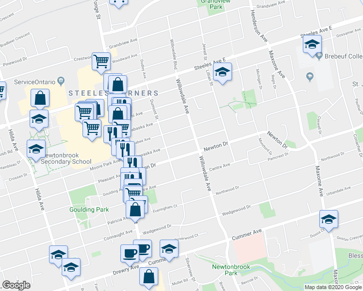 map of restaurants, bars, coffee shops, grocery stores, and more near in Toronto