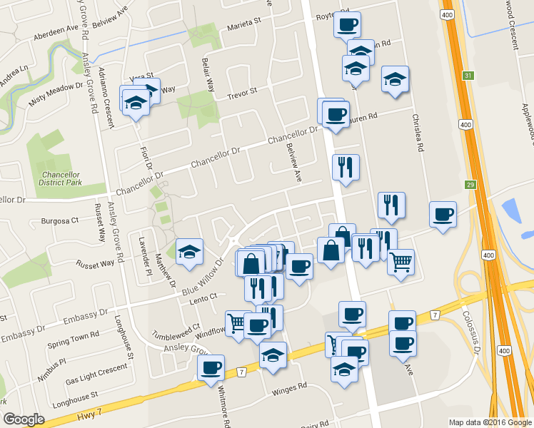 map of restaurants, bars, coffee shops, grocery stores, and more near 110 Blue Willow Drive in Vaughan