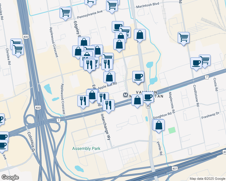 map of restaurants, bars, coffee shops, grocery stores, and more near 100 New Park Place in Vaughan