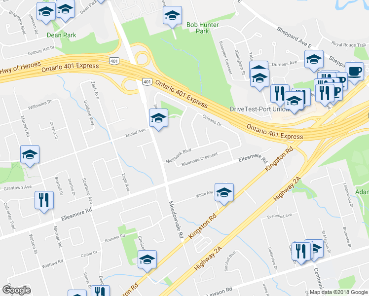 map of restaurants, bars, coffee shops, grocery stores, and more near 2 Lavery Trail in Toronto