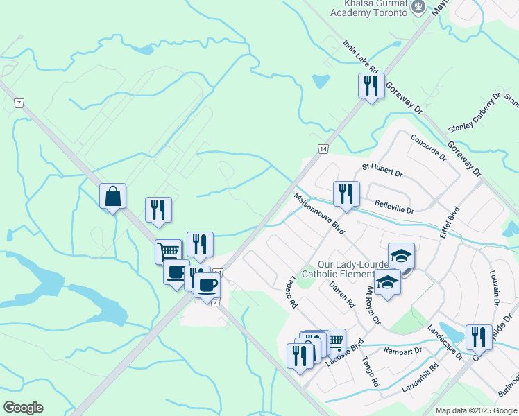 map of restaurants, bars, coffee shops, grocery stores, and more near 6186 Mayfield Road in Brampton