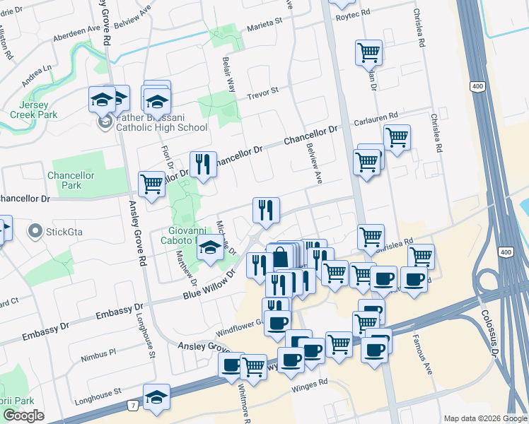 map of restaurants, bars, coffee shops, grocery stores, and more near 15 Michelle Drive in Vaughan