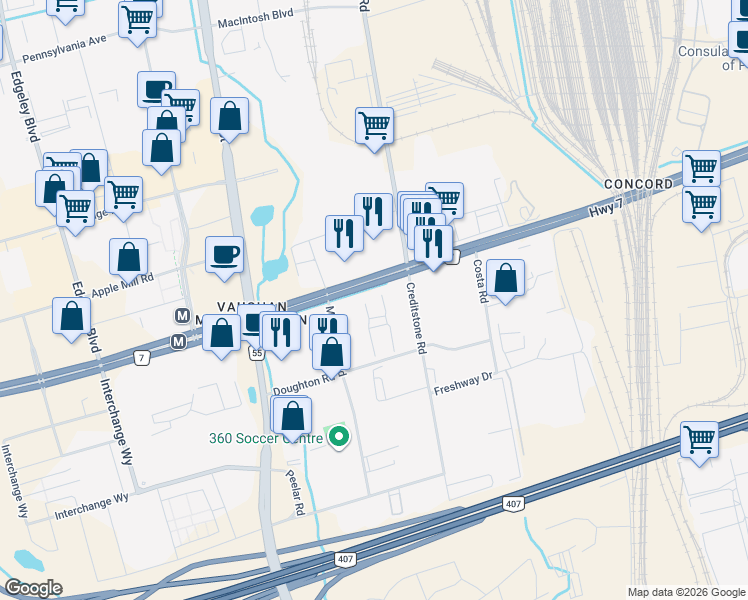 map of restaurants, bars, coffee shops, grocery stores, and more near in Vaughan