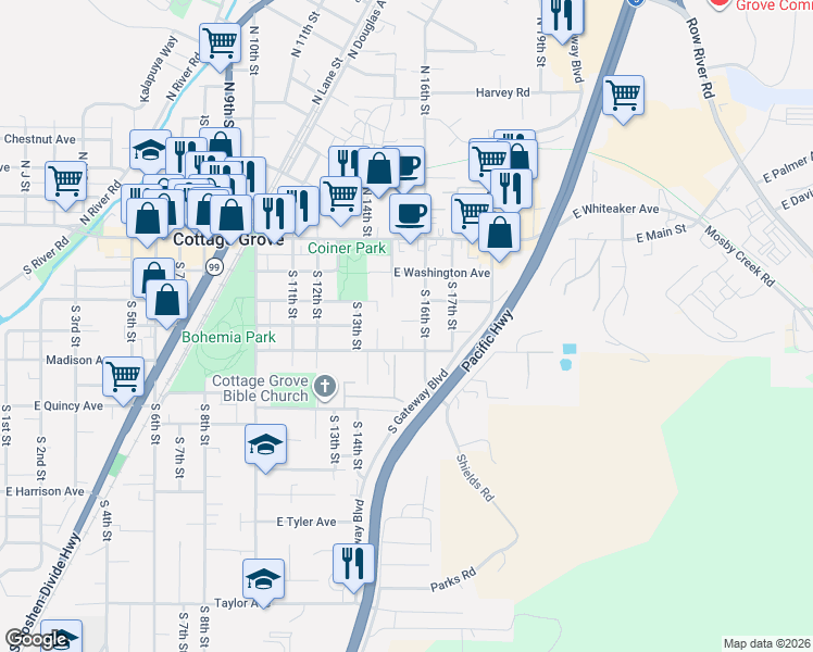 map of restaurants, bars, coffee shops, grocery stores, and more near 1500 Carobelle Court in Cottage Grove