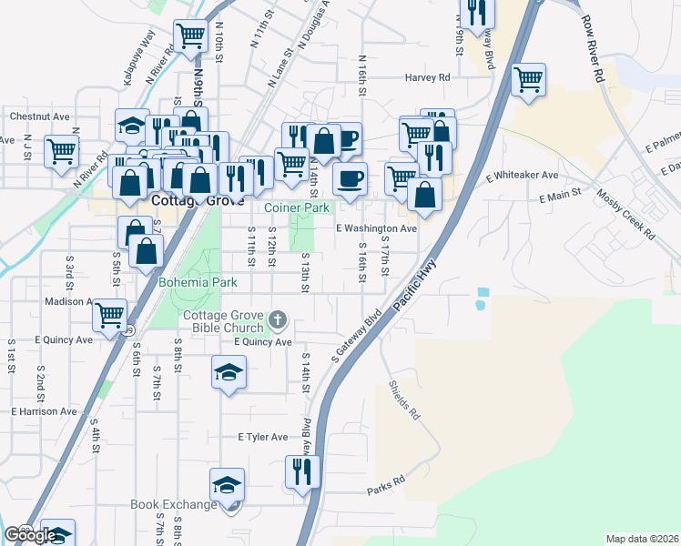 map of restaurants, bars, coffee shops, grocery stores, and more near 150 South 15th Street in Cottage Grove