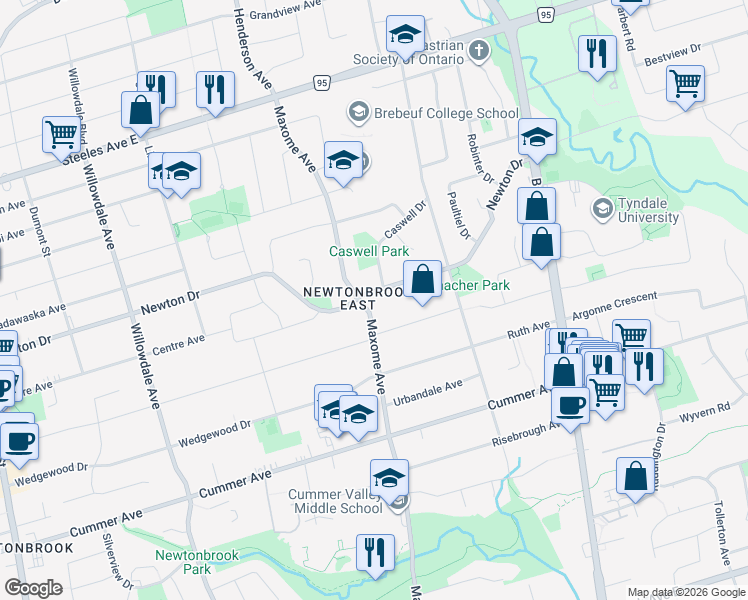 map of restaurants, bars, coffee shops, grocery stores, and more near 207 Newton Drive in Toronto