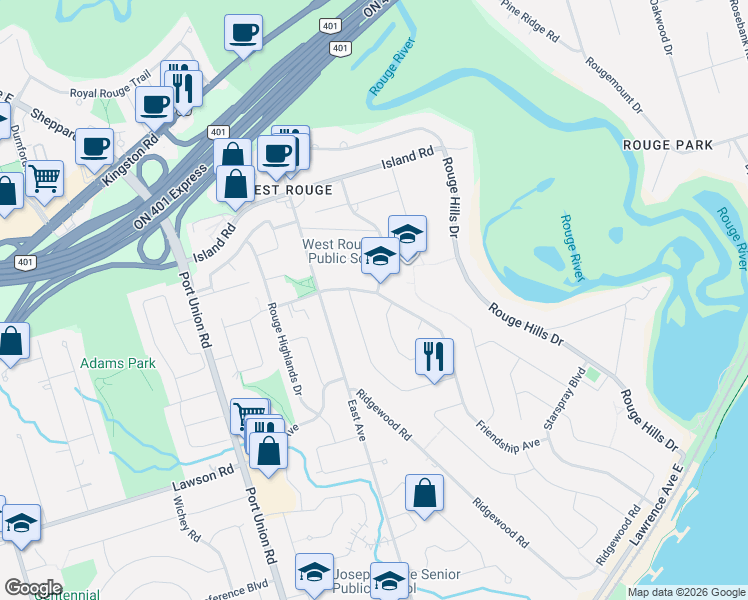 map of restaurants, bars, coffee shops, grocery stores, and more near in Toronto