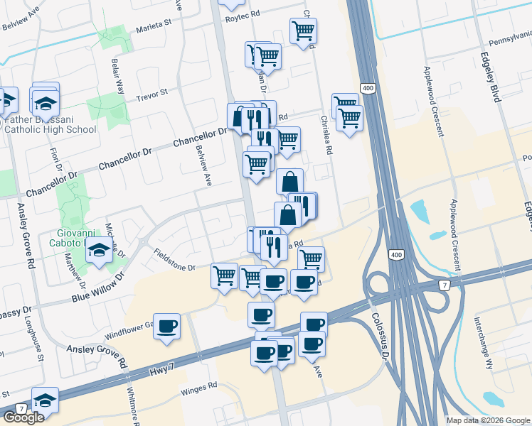 map of restaurants, bars, coffee shops, grocery stores, and more near 7979 Weston Road in Vaughan