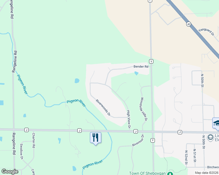 map of restaurants, bars, coffee shops, grocery stores, and more near W1843 Bender Road in Sheboygan