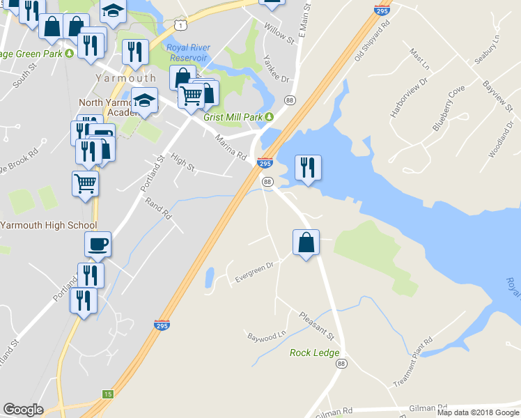 map of restaurants, bars, coffee shops, grocery stores, and more near 51 Pleasant Street in Yarmouth