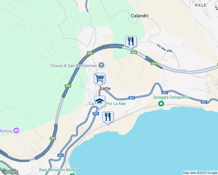 map of restaurants, bars, coffee shops, grocery stores, and more near 22/A Via Anacleto Hughes in Latte