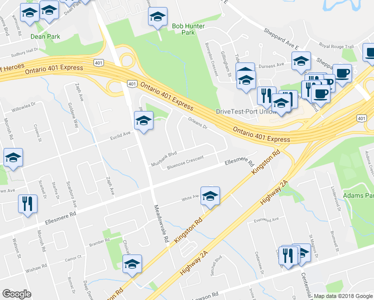 map of restaurants, bars, coffee shops, grocery stores, and more near 43 Muirbank Boulevard in Toronto