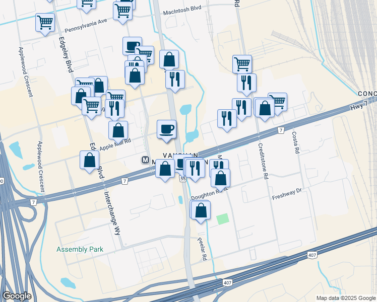 map of restaurants, bars, coffee shops, grocery stores, and more near 2986 7 in Vaughan