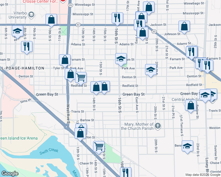map of restaurants, bars, coffee shops, grocery stores, and more near 1479 Redfield Street in La Crosse
