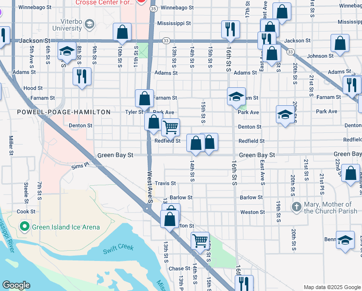 map of restaurants, bars, coffee shops, grocery stores, and more near 1515 13th Street South in La Crosse