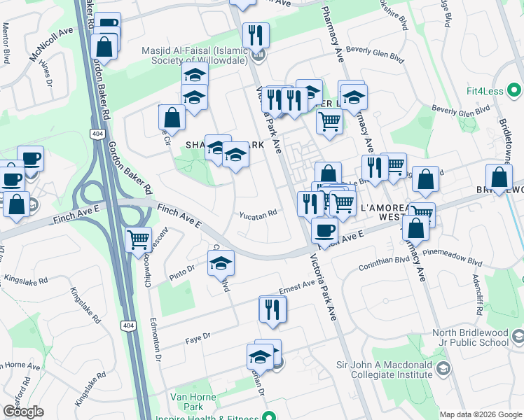 map of restaurants, bars, coffee shops, grocery stores, and more near in Toronto