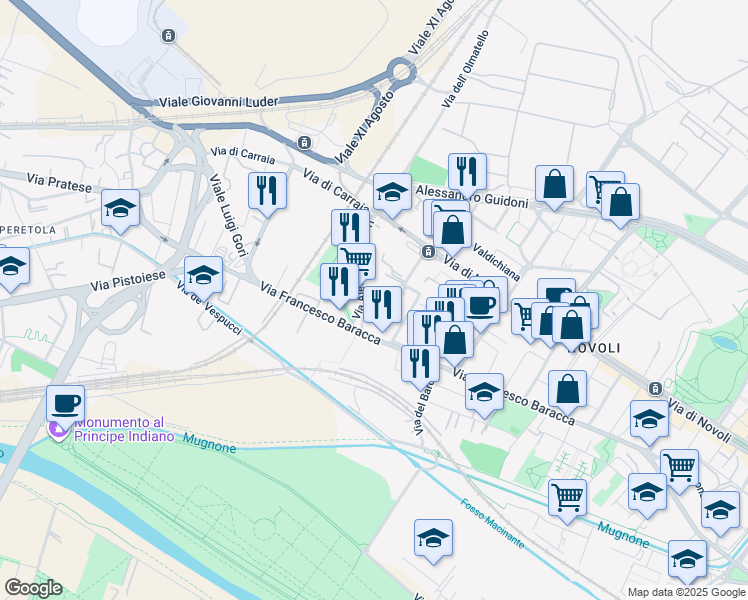 map of restaurants, bars, coffee shops, grocery stores, and more near 66 Via Alessandro Allori in Florence