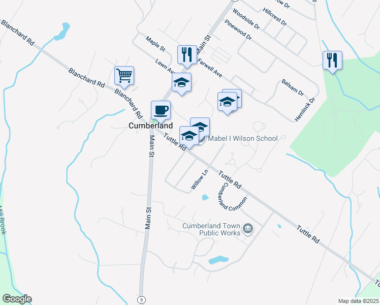 map of restaurants, bars, coffee shops, grocery stores, and more near 353 Tuttle Road in Cumberland