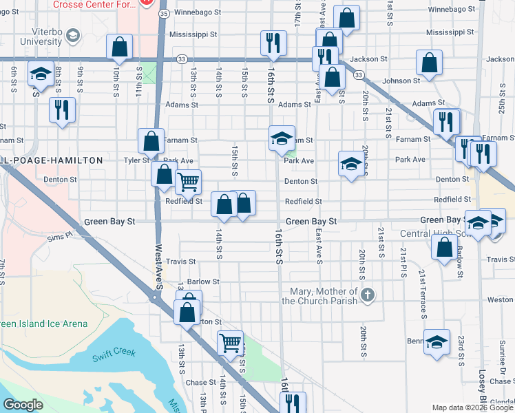 map of restaurants, bars, coffee shops, grocery stores, and more near 1479 Redfield Street in La Crosse