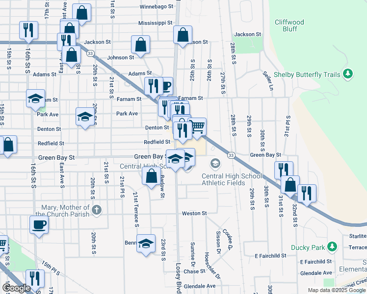 map of restaurants, bars, coffee shops, grocery stores, and more near 1527 Losey Boulevard South in La Crosse