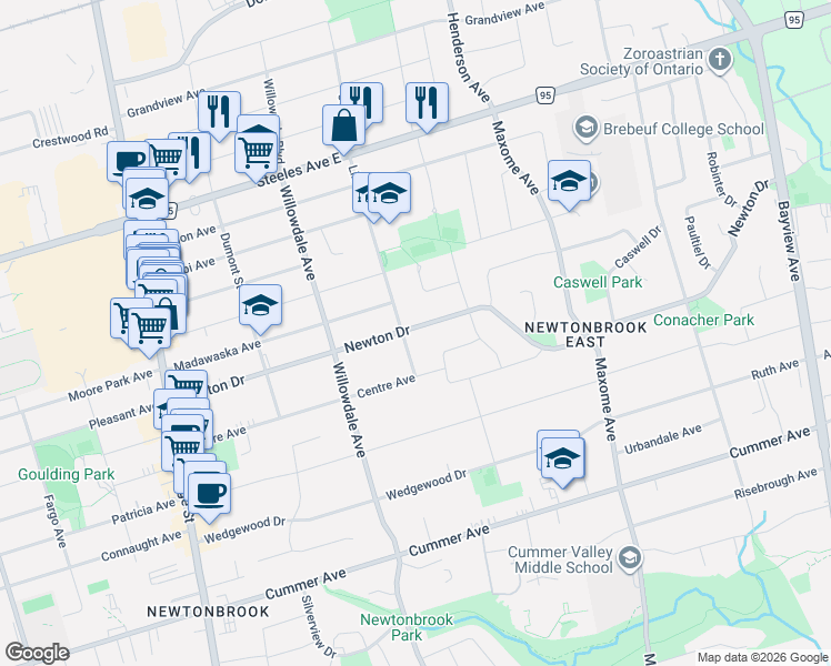 map of restaurants, bars, coffee shops, grocery stores, and more near 139 Newton Drive in Toronto