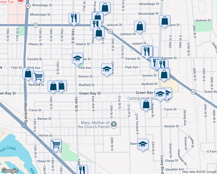 map of restaurants, bars, coffee shops, grocery stores, and more near 2000 Denton Street in La Crosse