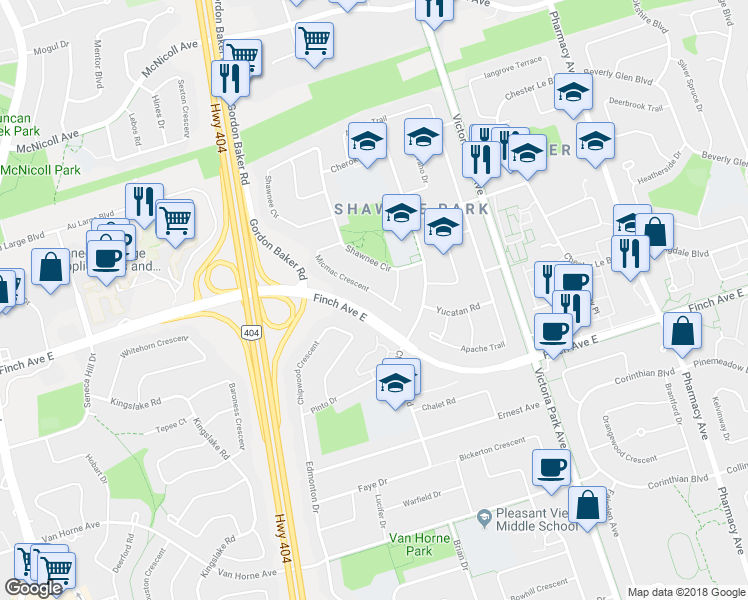 map of restaurants, bars, coffee shops, grocery stores, and more near 70 Micmac Crescent in Toronto