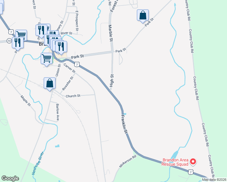 map of restaurants, bars, coffee shops, grocery stores, and more near 26 High Street in Brandon