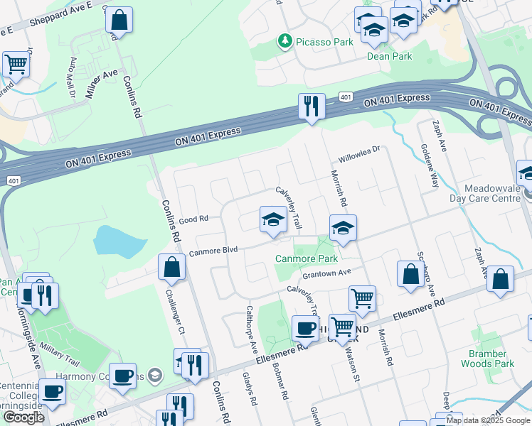 map of restaurants, bars, coffee shops, grocery stores, and more near 86 Halfmoon Square in Toronto