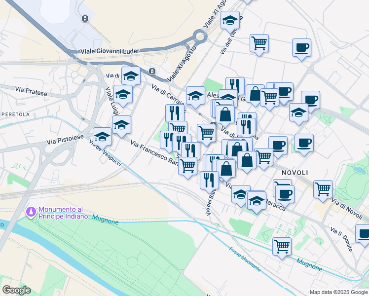 map of restaurants, bars, coffee shops, grocery stores, and more near 66 Via Alessandro Allori in Firenze
