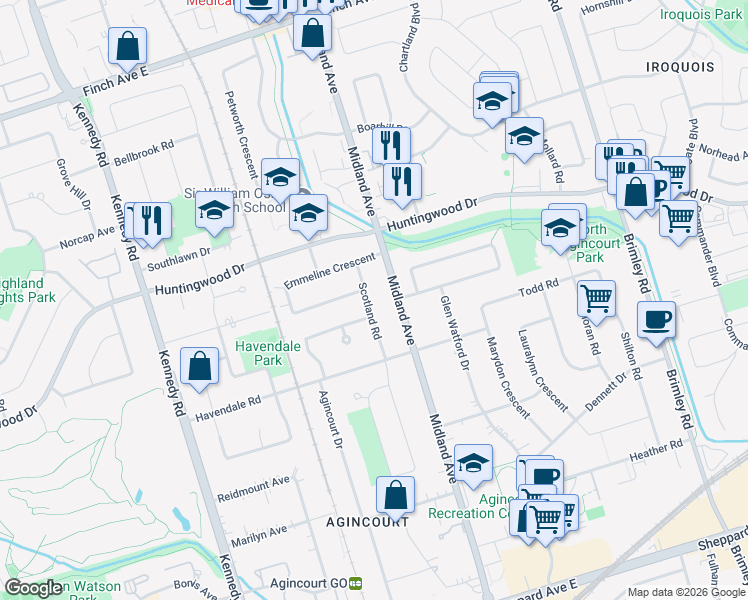 map of restaurants, bars, coffee shops, grocery stores, and more near in Toronto