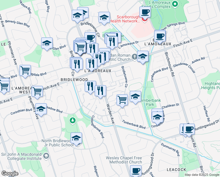 map of restaurants, bars, coffee shops, grocery stores, and more near 15 Stonehill Court in Toronto