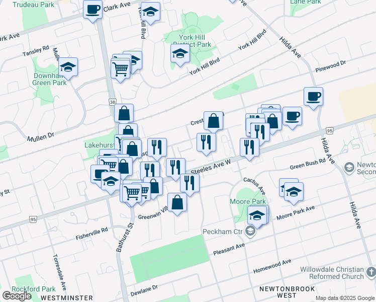 map of restaurants, bars, coffee shops, grocery stores, and more near 153 Townsgate Drive in Vaughan