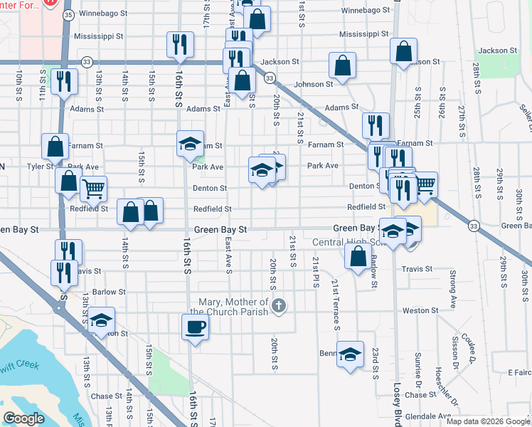 map of restaurants, bars, coffee shops, grocery stores, and more near 2000 Denton Street in La Crosse