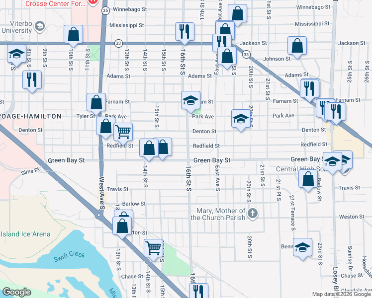 map of restaurants, bars, coffee shops, grocery stores, and more near 1479 Redfield Street in La Crosse