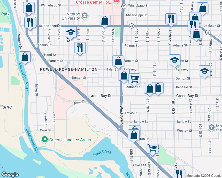map of restaurants, bars, coffee shops, grocery stores, and more near 1617 10th Street in La Crosse