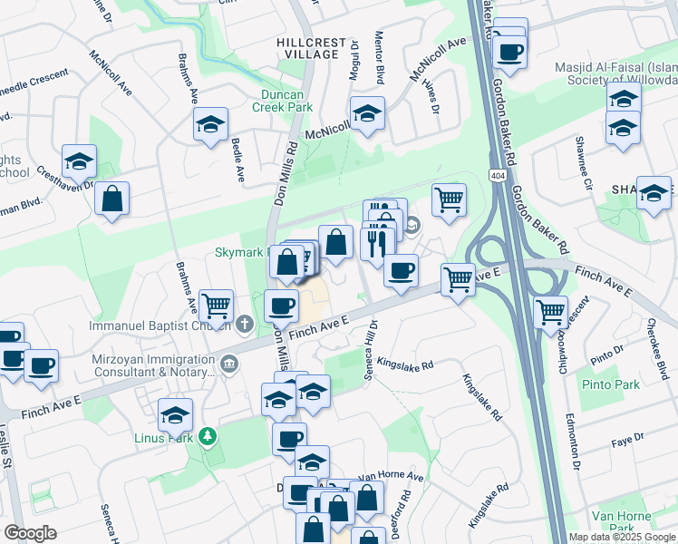map of restaurants, bars, coffee shops, grocery stores, and more near 55 Skymark Drive in Toronto