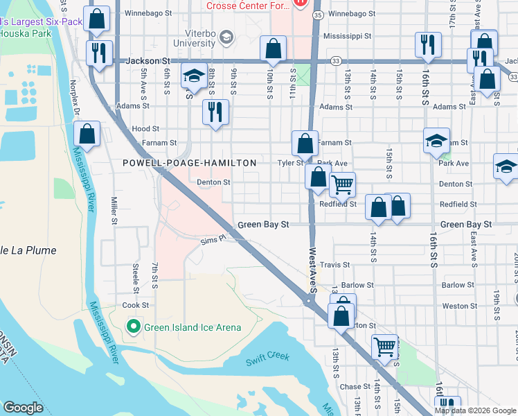 map of restaurants, bars, coffee shops, grocery stores, and more near 940 Redfield Street in La Crosse